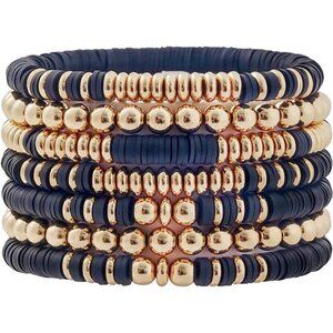 Surfer Heishi Clay Bead Bracelets for Women Bohemian Stackable Gold Blue/Black